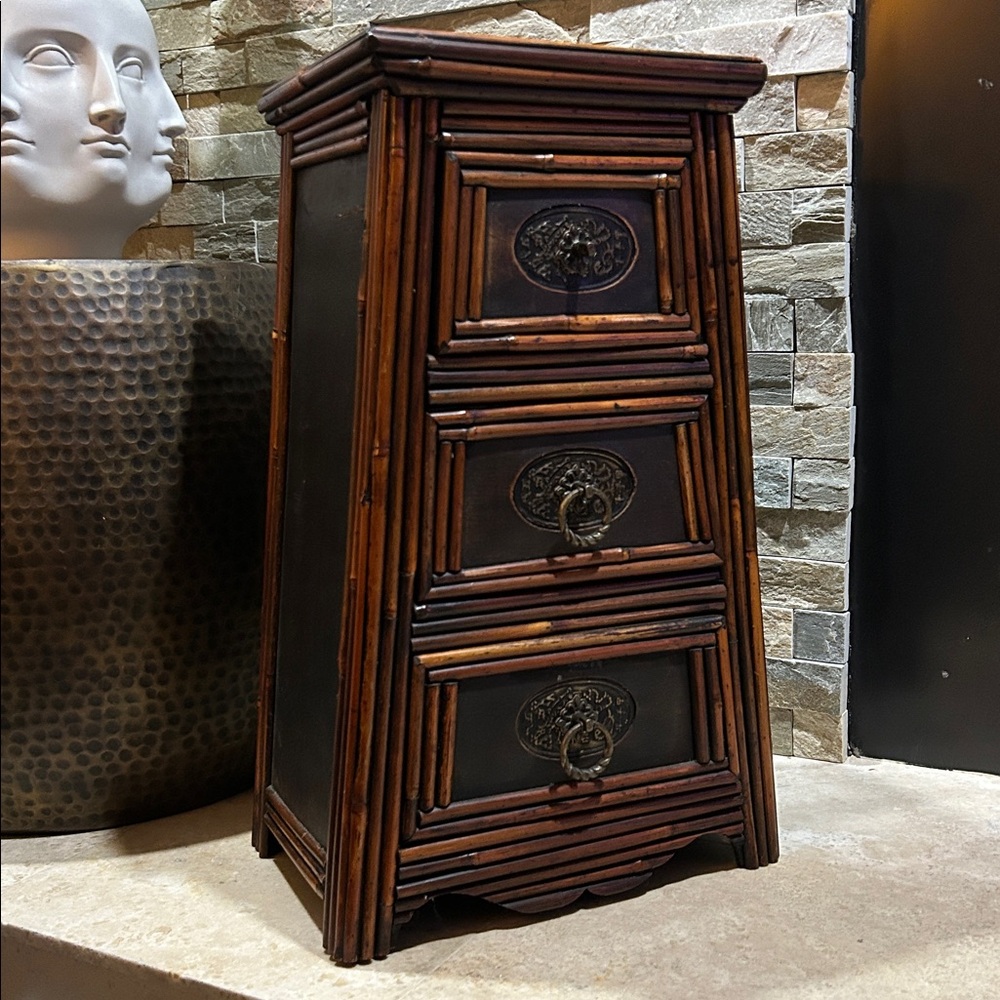 SOLD- vintage small bamboo three-drawer chest
